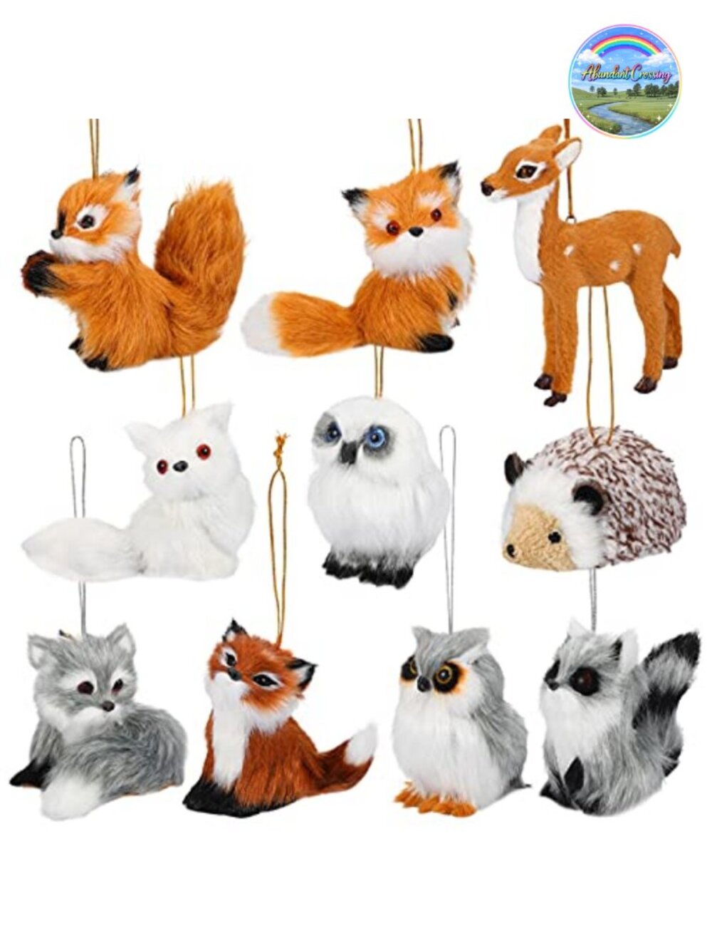 10 Pc Woodland Animal Christmas Tree Ornaments Plush Faux Fur Hanging Decor